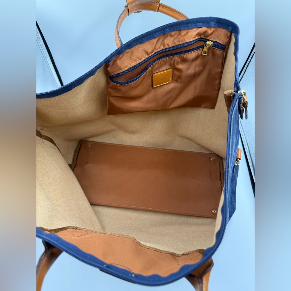 Bric’s Italy Leather Trim Blue Canvas Duffel Bag Weekender Travel Carry On - Picture 15 of 16